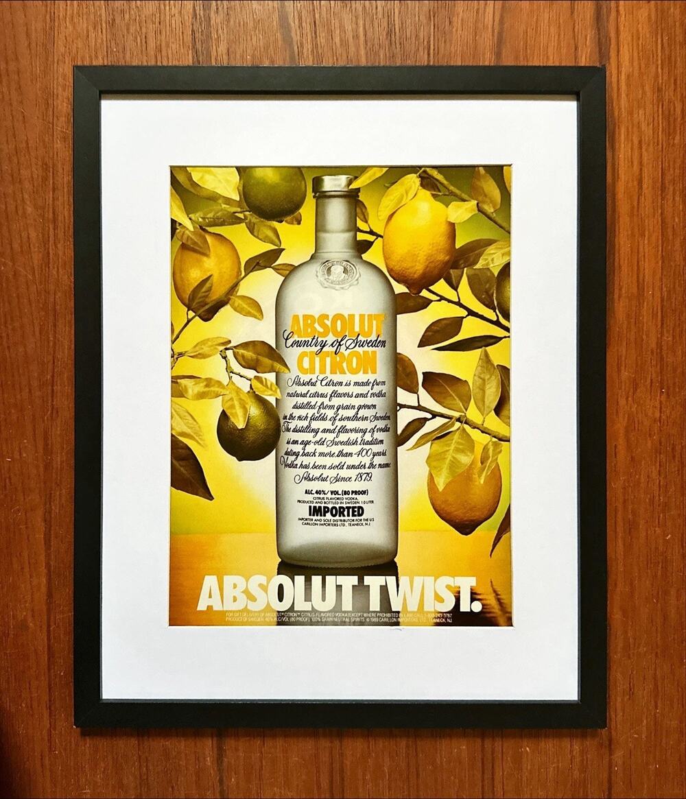 Framed 1989 Absolut Citron Vodka Absolut Twist Print Ad Advertisement Vintage